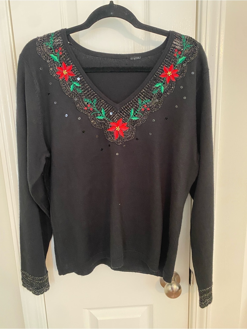 Women's Black V-Neck Sweater with Red Floral Embroidery